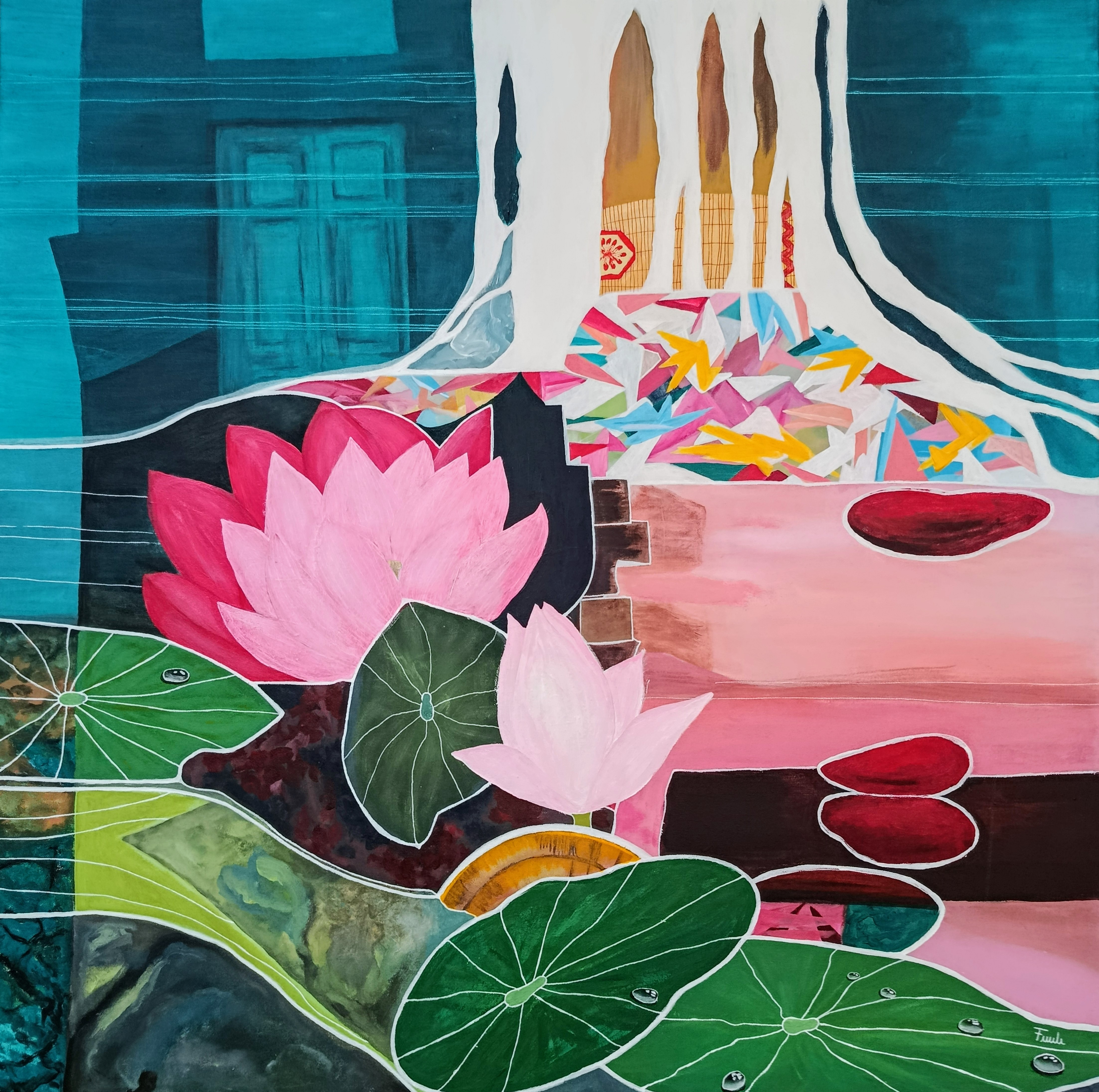 abstrakte, farbstarke Komposition mit großen pinkfarbenen Seerosen und grünen Blättern im unteren Bereich. Das Bild ist geprägt von einer dynamischen Mischung aus geometrischen Formen und fließenden Elementen in Türkis, Rosa und Weiß, die eine friedliche, aber kraftvolle Naturstimmung erzeugen.