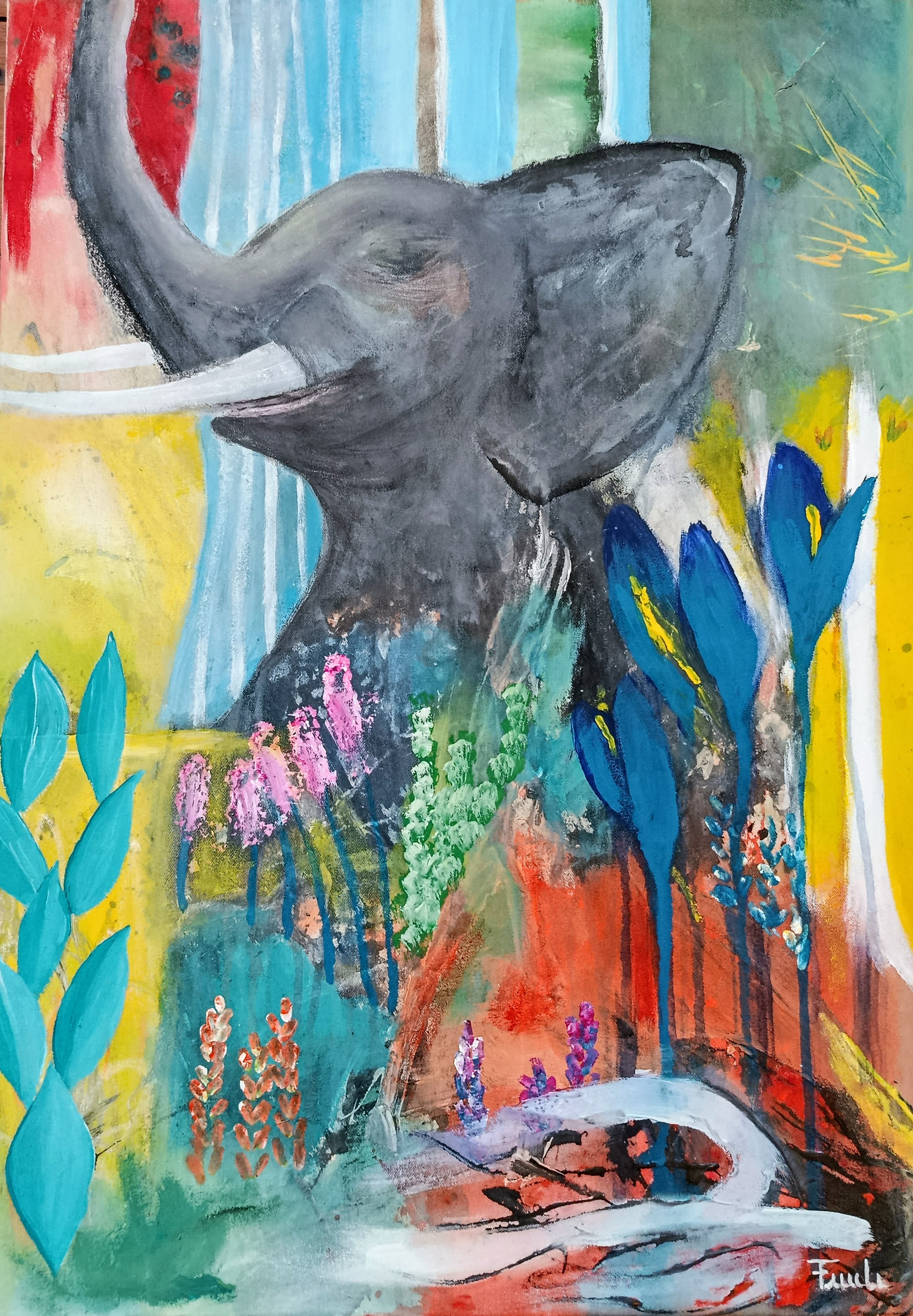 Farbenfrohes, expressives Gemälde eines Elefantenkopfs im Profil mit erhobenem Rüssel. Der Elefant ist in kräftigen Grautönen gemalt, umgeben von einem lebendigen Hintergrund aus vertikalen blauen Wasserfall-Linien, leuchtend gelben Flächen und abstrahierten Blumen in Pink und Blau im Vordergrund.