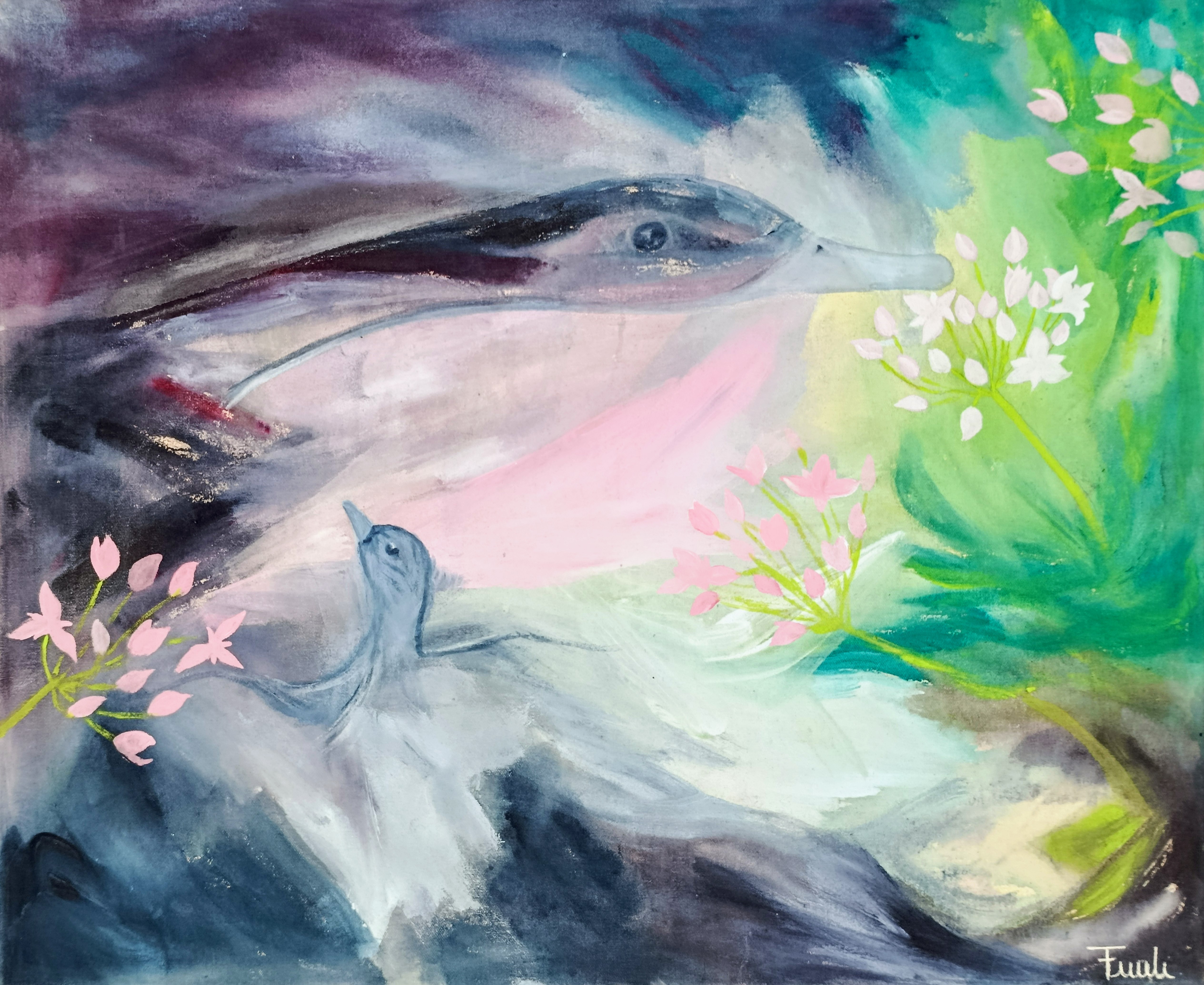 abstraktes Bild in dunkelblau rosa mit zwei Schwänen.