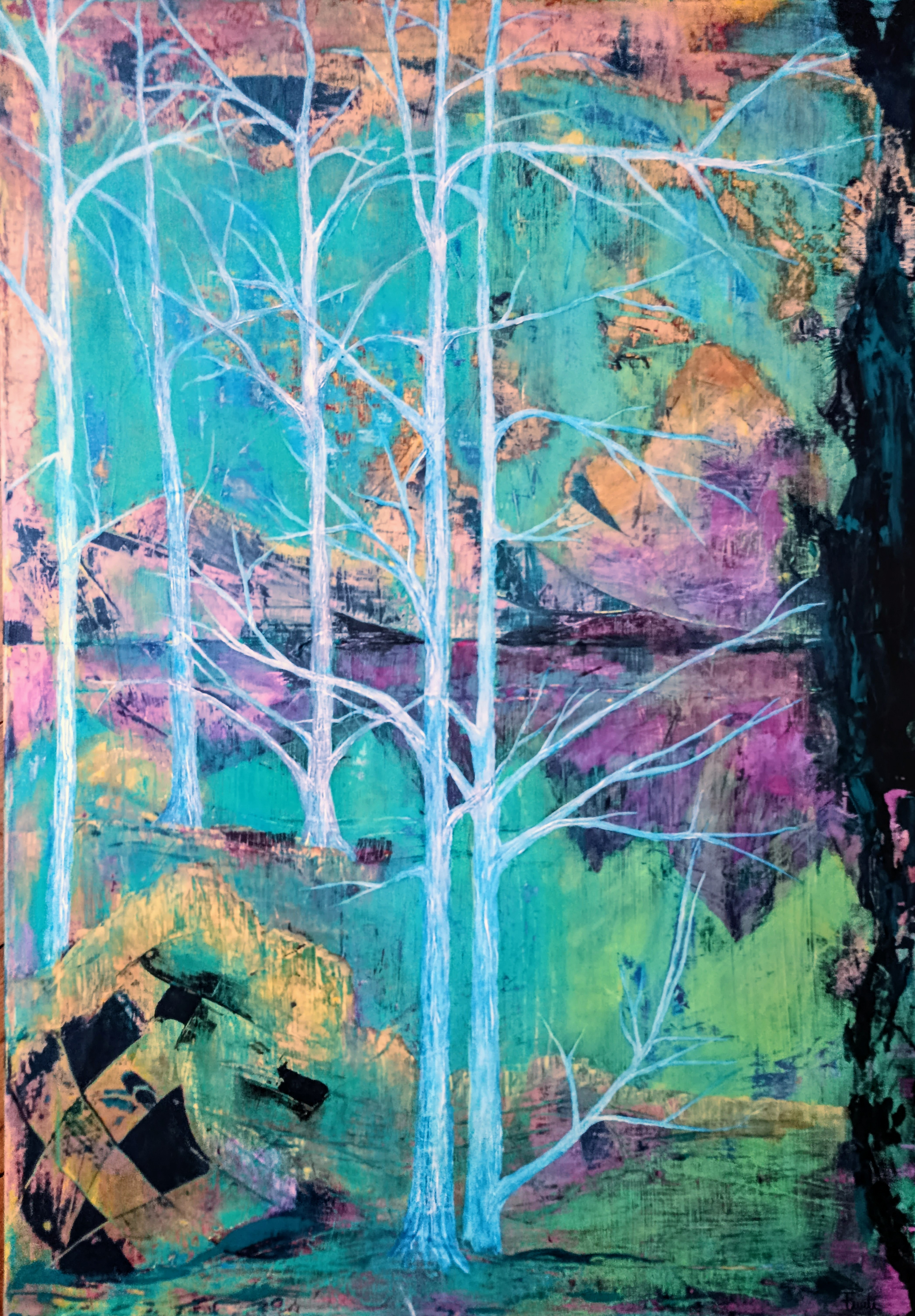 Farbenfrohes, expressives Gemälde einer Landschaft mit abstrakten und reallistischen Elementen.